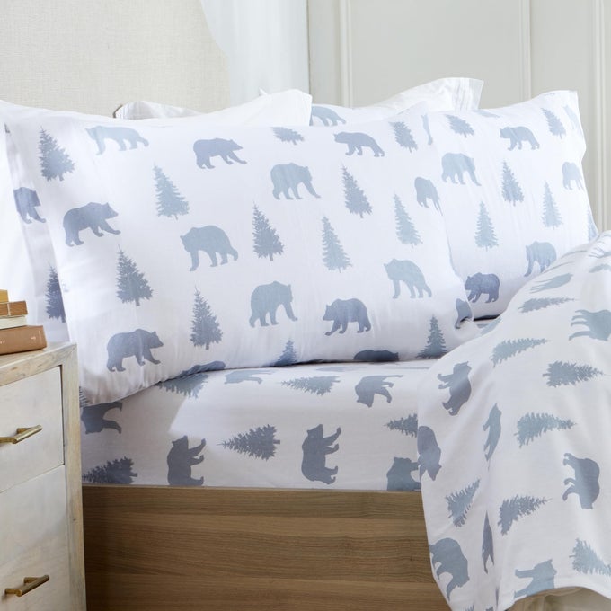 MARKET PLACE 100 TURKISH COTTON FLANNEL SHEET SET 4 PIECE DEEP POCKET NOVELTY COZY WINTER BED SHEETS DOUBLE BRUSHED FOR EXTRA SOFTNESS COMFORT ALPINE COLLECTION QUEEN GREY BEARS