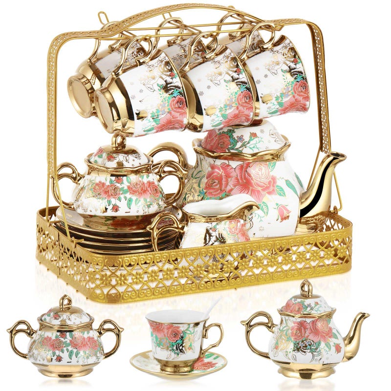 Suttmin 22 Pcs Gold Plated Vintage Floral Porcelain Tea Set for Adults with Metal Holder Elegant European Ceramic Tea Party Set Cup for Women Fancy Porcelain Coffee Cup Serving 6 PeoplePink Rose