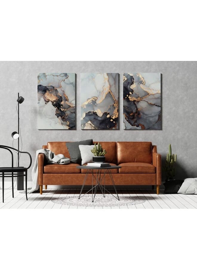 Home Gallery - Set Of 3 Grey Golden Art Marble Texture Abstract - Image 1