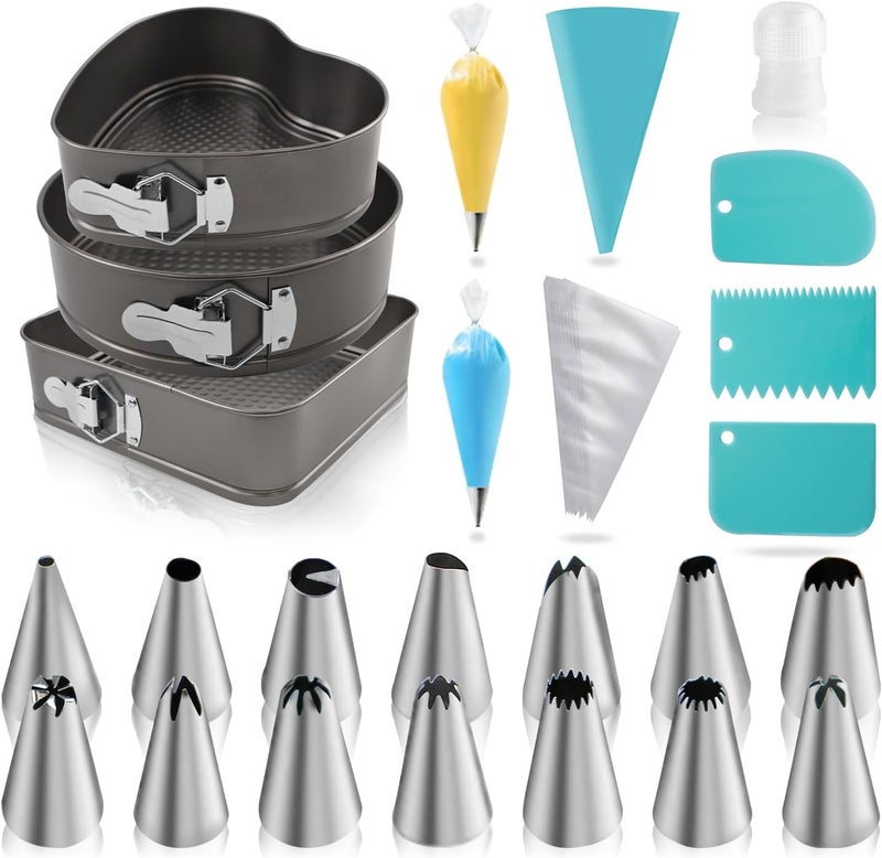 Yumatouch Springform Cake Pans Set 8, 9,10 Inch Heart Pan Round Cake Pan Square Baking Nonstick Cheesecake Pans Springform Pans with 100 Pcs Piping Bags, 16 Pcs Nozzles, 3 Pcs Scrappers - Image 1