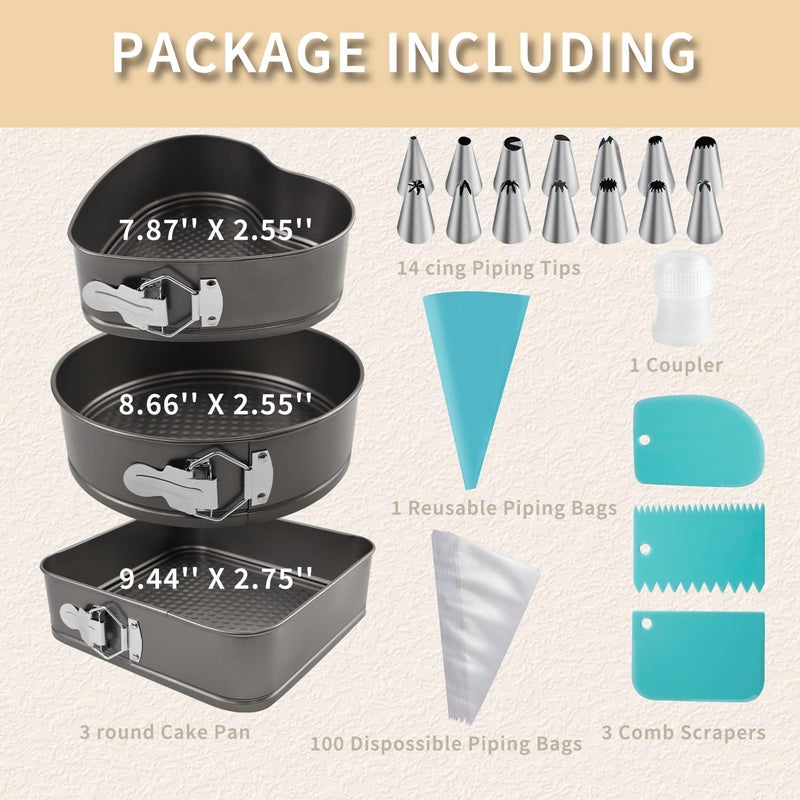 Yumatouch Springform Cake Pans Set 8, 9,10 Inch Heart Pan Round Cake Pan Square Baking Nonstick Cheesecake Pans Springform Pans with 100 Pcs Piping Bags, 16 Pcs Nozzles, 3 Pcs Scrappers - Image 3