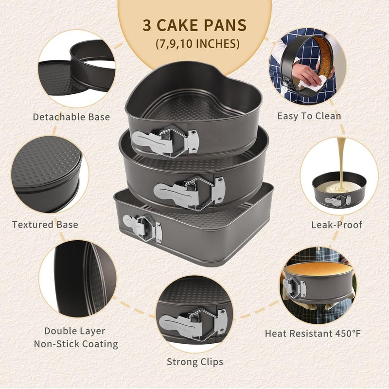 Yumatouch Springform Cake Pans Set 8, 9,10 Inch Heart Pan Round Cake Pan Square Baking Nonstick Cheesecake Pans Springform Pans with 100 Pcs Piping Bags, 16 Pcs Nozzles, 3 Pcs Scrappers - Image 4