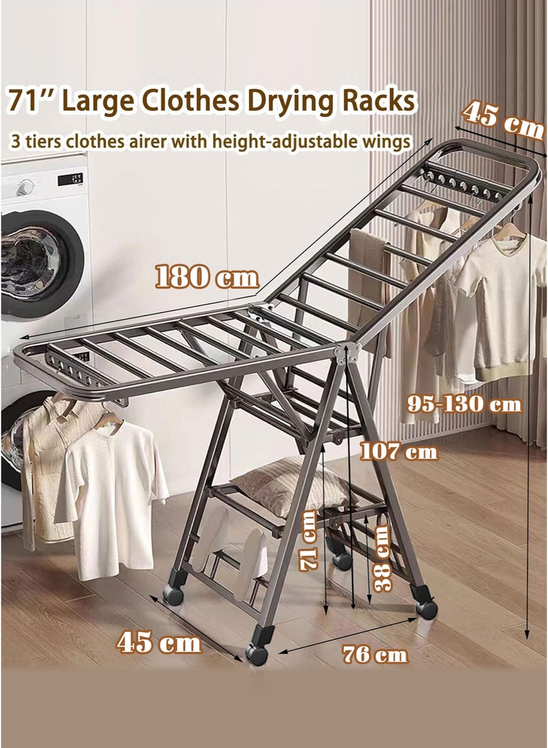 وين هولدر Sure! Here's the translation:  **حامل تجفيف الملابس الثقيل القابل للطي مع عجلات، حامل تجفيف الملابس المعدني السميك بارتفاع 71 بوصة، 27 قضيب قائم للداخل/الخارج للاستخدام المقاوم للرياح.** - Image 2