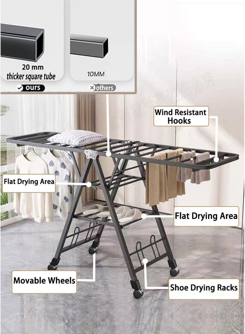 وين هولدر Sure! Here's the translation:  **حامل تجفيف الملابس الثقيل القابل للطي مع عجلات، حامل تجفيف الملابس المعدني السميك بارتفاع 71 بوصة، 27 قضيب قائم للداخل/الخارج للاستخدام المقاوم للرياح.** - Image 3