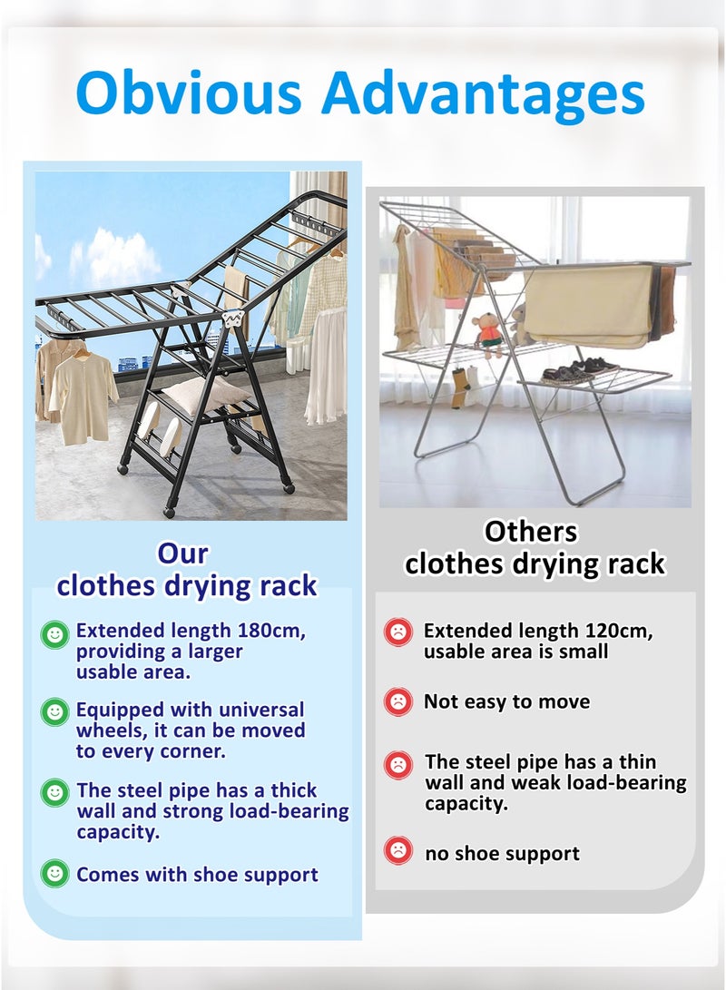 وين هولدر Sure! Here's the translation:  **حامل تجفيف الملابس الثقيل القابل للطي مع عجلات، حامل تجفيف الملابس المعدني السميك بارتفاع 71 بوصة، 27 قضيب قائم للداخل/الخارج للاستخدام المقاوم للرياح.** - Image 4