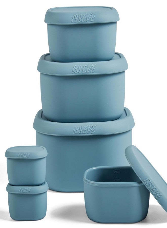 ISSEVE 6Pcs/Set Nesting Silicone Food Storage Containers with Lids, BPA Free Reusable Meal Prep Silicone Containers Lunch Box Bento Box Set (33.8oz, 20oz, 10oz, 6.7oz, 1.3oz) (Blue) - Image 1