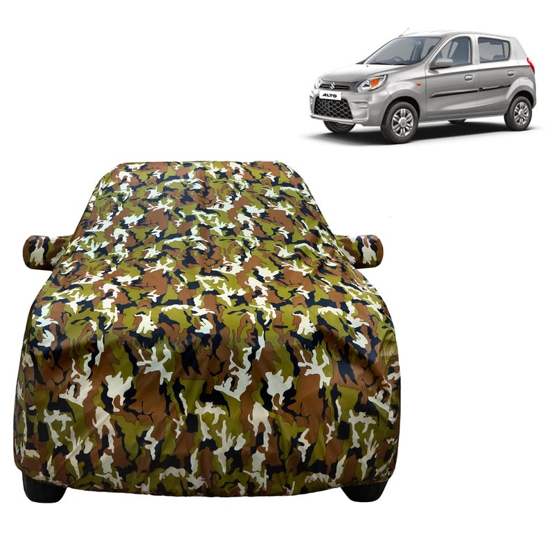 VYAS 100% Waterproof Car Body Cover for Maruti Suzuki Alto 800 (2012-2025) with Mirror Pocket Triple Stitched Belt & Buckle Fitting Dual Elastic, Durable Material Jungle Print Camouflage Design - Image 1