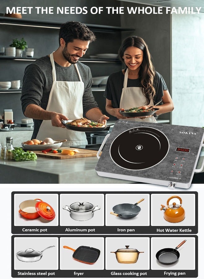 sokany Portable Ceramic Cooktop Infrared Hot Plate,3500W Countertop Burner with Child Safety Lock,Adjustable Temperature Setting,Touch Control & Knob,Timer,Overheat Protection,Works with All Cookware,SK-07050 - Image 4