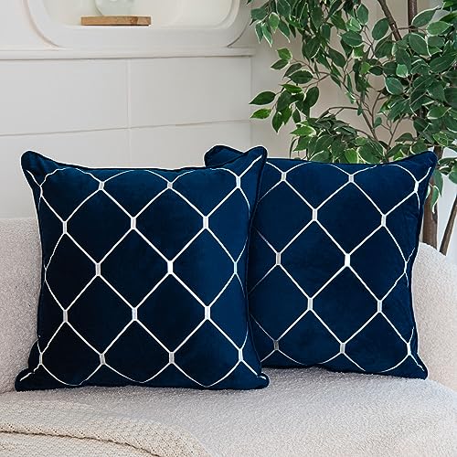 WACOMECO Silver Throw Pillow Covers Pack of 2 Soft Velvet Decorative Cushion Covers for Couch Sofa Home Decoration Navy Blue 18x18 Inch - Image 1