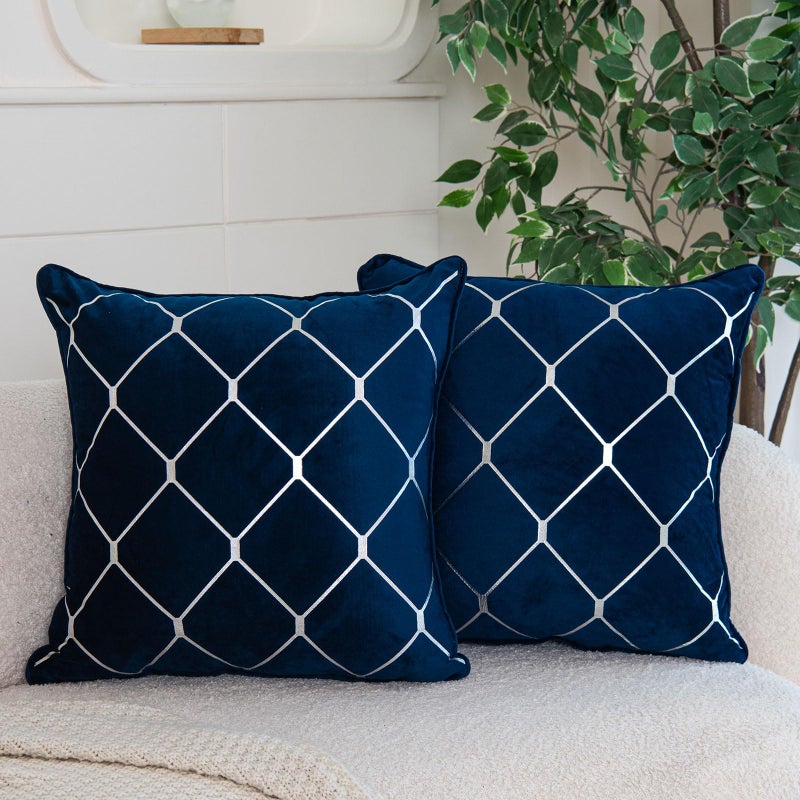 WACOMECO Silver Throw Pillow Covers Pack of 2 Soft Velvet Decorative Cushion Covers for Couch Sofa Home Decoration Navy Blue 18x18 Inch - Image 2