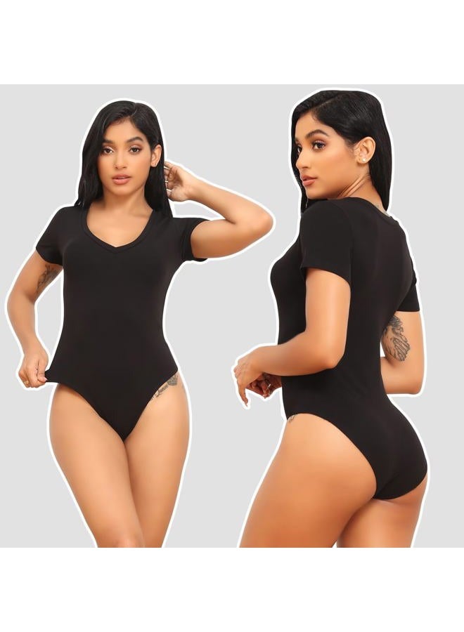 CE' CERDR 5 Pack Bodysuits for Women Short Sleeve Deep V Neck Tops T-shirt Bodysuit Casual Outfits, 5 Pack Black, White, Nude, Olive Green, Dark Blue, M - Image 4