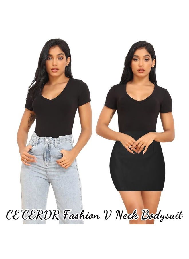 CE' CERDR 5 Pack Bodysuits for Women Short Sleeve Deep V Neck Tops T-shirt Bodysuit Casual Outfits, 5 Pack Black, White, Nude, Olive Green, Dark Blue, M - Image 3