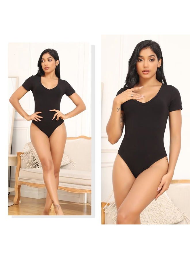 CE' CERDR 5 Pack Bodysuits for Women Short Sleeve Deep V Neck Tops T-shirt Bodysuit Casual Outfits, 5 Pack Black, White, Nude, Olive Green, Dark Blue, M - Image 5