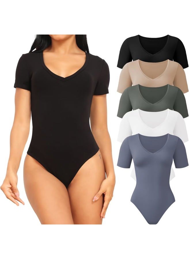 CE' CERDR 5 Pack Bodysuits for Women Short Sleeve Deep V Neck Tops T-shirt Bodysuit Casual Outfits, 5 Pack Black, White, Nude, Olive Green, Dark Blue, M - Image 1