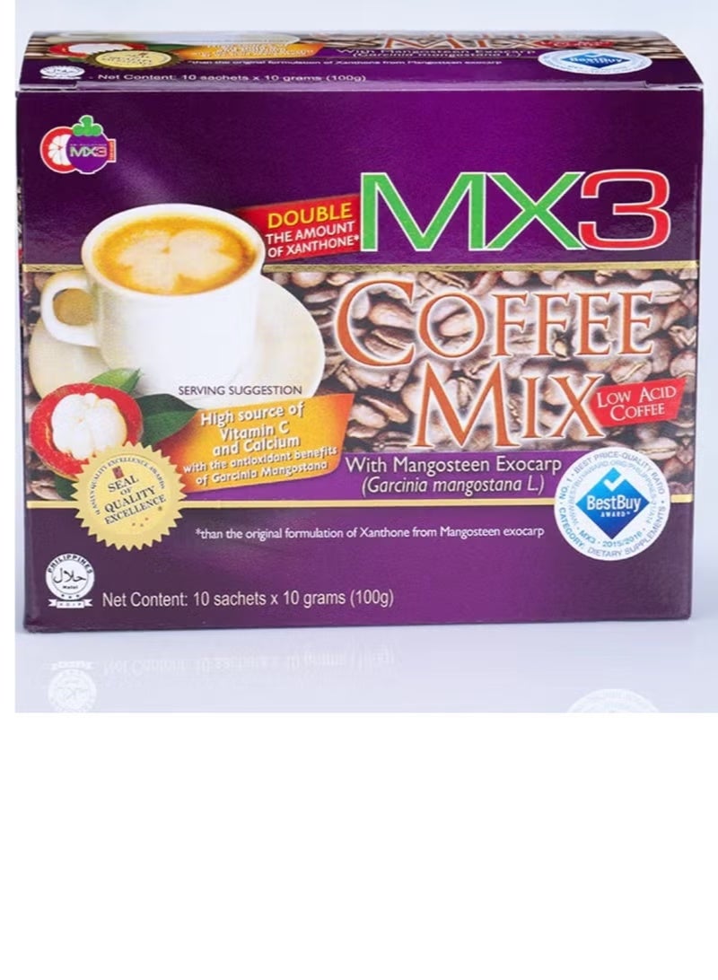 مزيج قهوة MX3 منخفض الحموضة مع قشرة المانجوستين (مصدر غني بفيتامين سي والكالسيوم) 10 أكياس × 10 جم (100 جم)