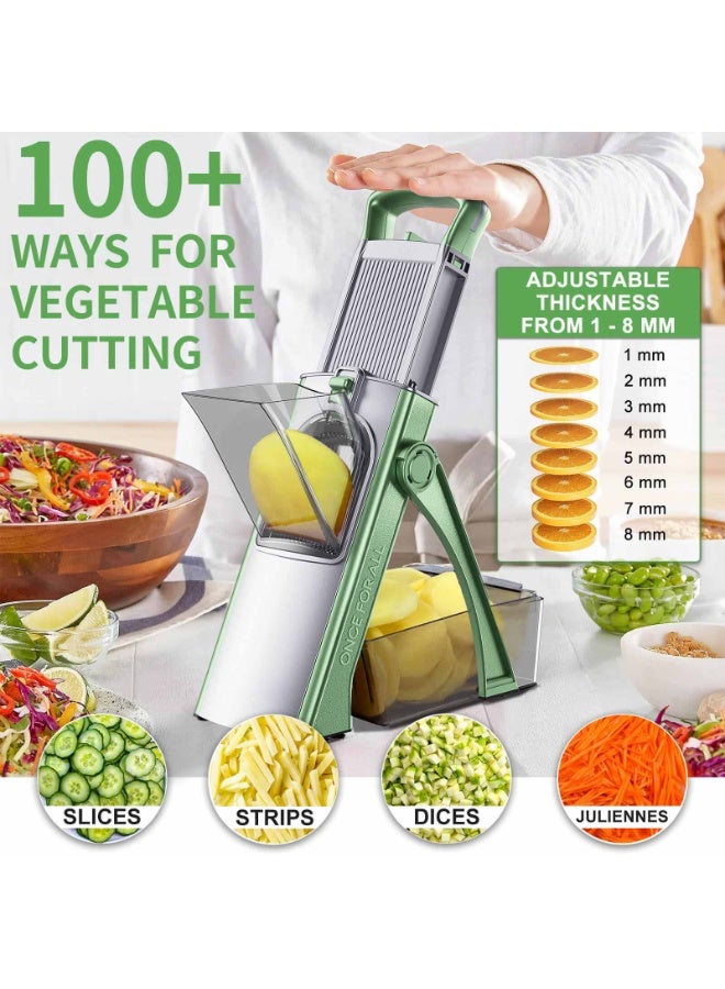 زينوكسيتي مفرمة وتقطيع خضروات متعددة الوظائف - ماندولين من الفولاذ المقاوم للصدأ قابل للتعديل للبطاطس والبصل والجزر وغيرها - آمنة وعالية السعة وسهلة التنظيف مع وعاء وشفرات - Image 3