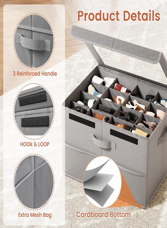PHINOX Shoe Organizer for Closet, Fits up to 16 Pairs, Shoe Storage Bins with Clear Cover and Reinforced Handles, Foldable Shoe Storage Organizer, Space Saving Shoe Holder for Wardrobe, 2 Pack Grey - Image 3