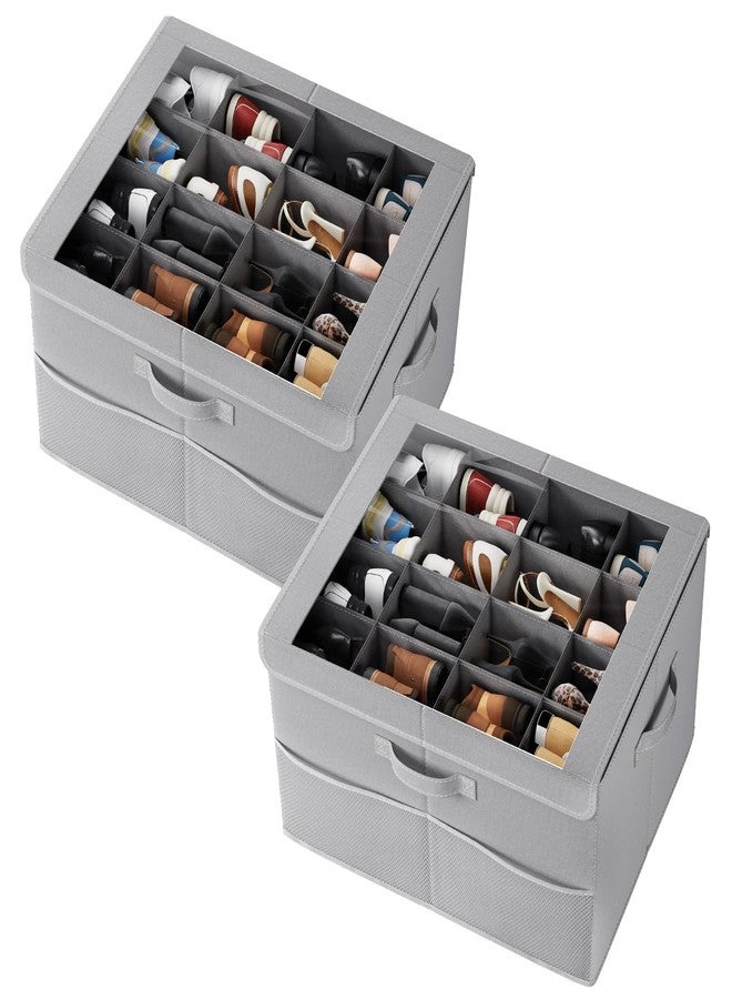 PHINOX Shoe Organizer for Closet, Fits up to 16 Pairs, Shoe Storage Bins with Clear Cover and Reinforced Handles, Foldable Shoe Storage Organizer, Space Saving Shoe Holder for Wardrobe, 2 Pack Grey - Image 1