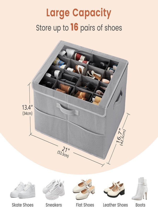 PHINOX Shoe Organizer for Closet, Fits up to 16 Pairs, Shoe Storage Bins with Clear Cover and Reinforced Handles, Foldable Shoe Storage Organizer, Space Saving Shoe Holder for Wardrobe, 2 Pack Grey - Image 2