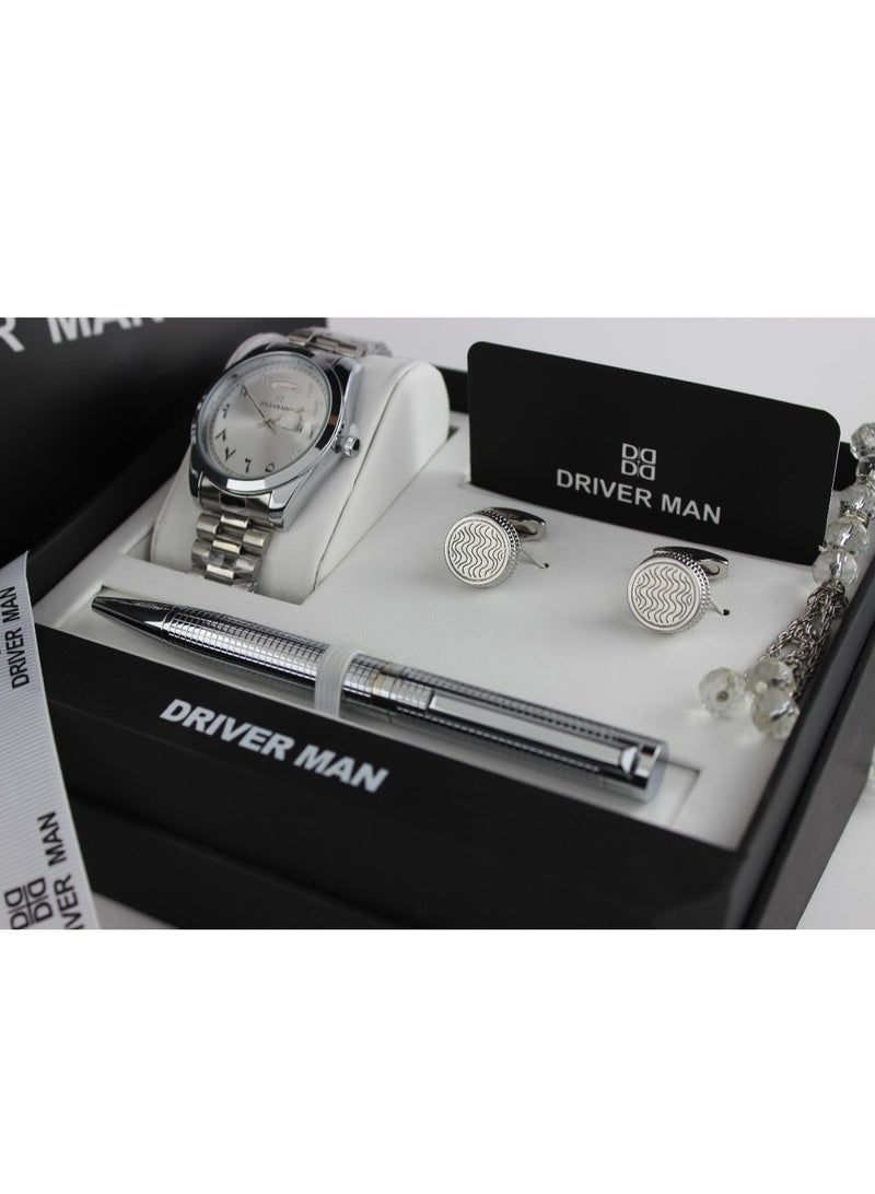 A men's watch set consisting of a cuff, a pen, and a rosary
