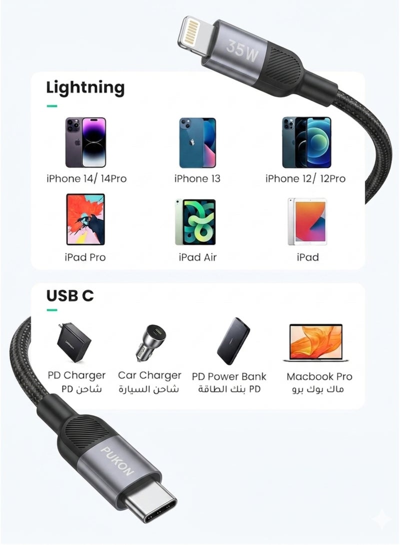 Pukon 35W Lightning to USB-C Fast Charging Cable – PD Fast Charge & High-Speed Data Sync Cord Compatible with iPhone 14 Pro Max, iPhone 14, iPhone 13, iPhone 12, iPhone 11, iPhone XS Max, XR, iPhone SE, iPad, AirPods – Durable Charging Cable for Home, Office, Travel & Car Use - Image 5