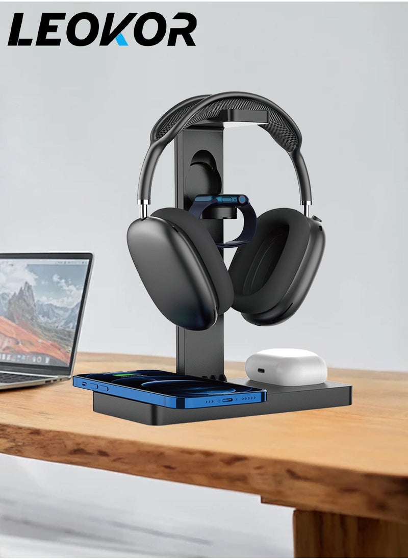 LEOKOR - 4-in-1 Headphone Stand,Desk Gaming Headset Holder with Wireless Charger and Type c Ports,Suitable for Gamer Desktop Table Game Earphone Accessories - Image 1
