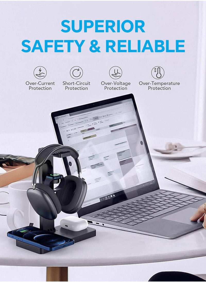 LEOKOR - 4-in-1 Headphone Stand,Desk Gaming Headset Holder with Wireless Charger and Type c Ports,Suitable for Gamer Desktop Table Game Earphone Accessories - Image 1