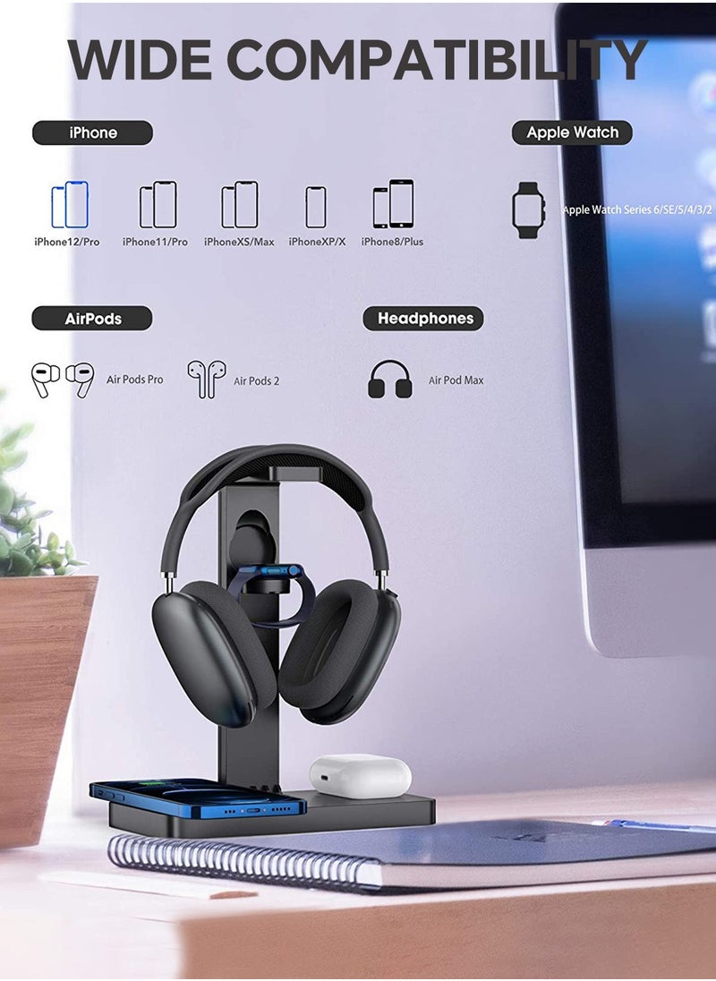 LEOKOR - 4-in-1 Headphone Stand,Desk Gaming Headset Holder with Wireless Charger and Type c Ports,Suitable for Gamer Desktop Table Game Earphone Accessories - Image 1