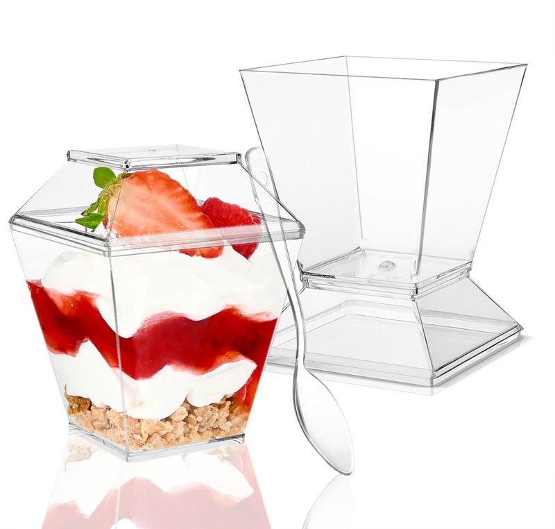 TOFLEN 50 Pack 35 oz Mini Dessert Cups with Lids for Party Square Plastic Dessert Cups with Spoons for Yogurt Parfait Pudding Jello and Appetizers Dessert Shooters
