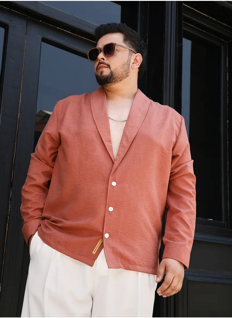 انستافاب بلس Instafab Plus Men's Brick Brown Solid Shawl Collar Relaxed Shirt For Casual Wear | Shawl Collar | Long Cuffed Sleeves | Button Closure | Plus Size Shirt Crafted With Comfort Fit For Everyday Wear