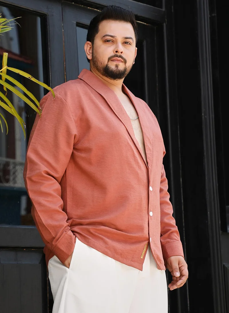 Instafab Plus Instafab Plus Men's Brick Brown Solid Shawl Collar Relaxed Shirt For Casual Wear | Shawl Collar | Long Cuffed Sleeves | Button Closure | Plus Size Shirt Crafted With Comfort Fit For Everyday Wear
