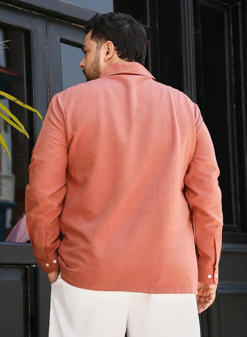 Instafab Plus Instafab Plus Men's Brick Brown Solid Shawl Collar Relaxed Shirt For Casual Wear | Shawl Collar | Long Cuffed Sleeves | Button Closure | Plus Size Shirt Crafted With Comfort Fit For Everyday Wear