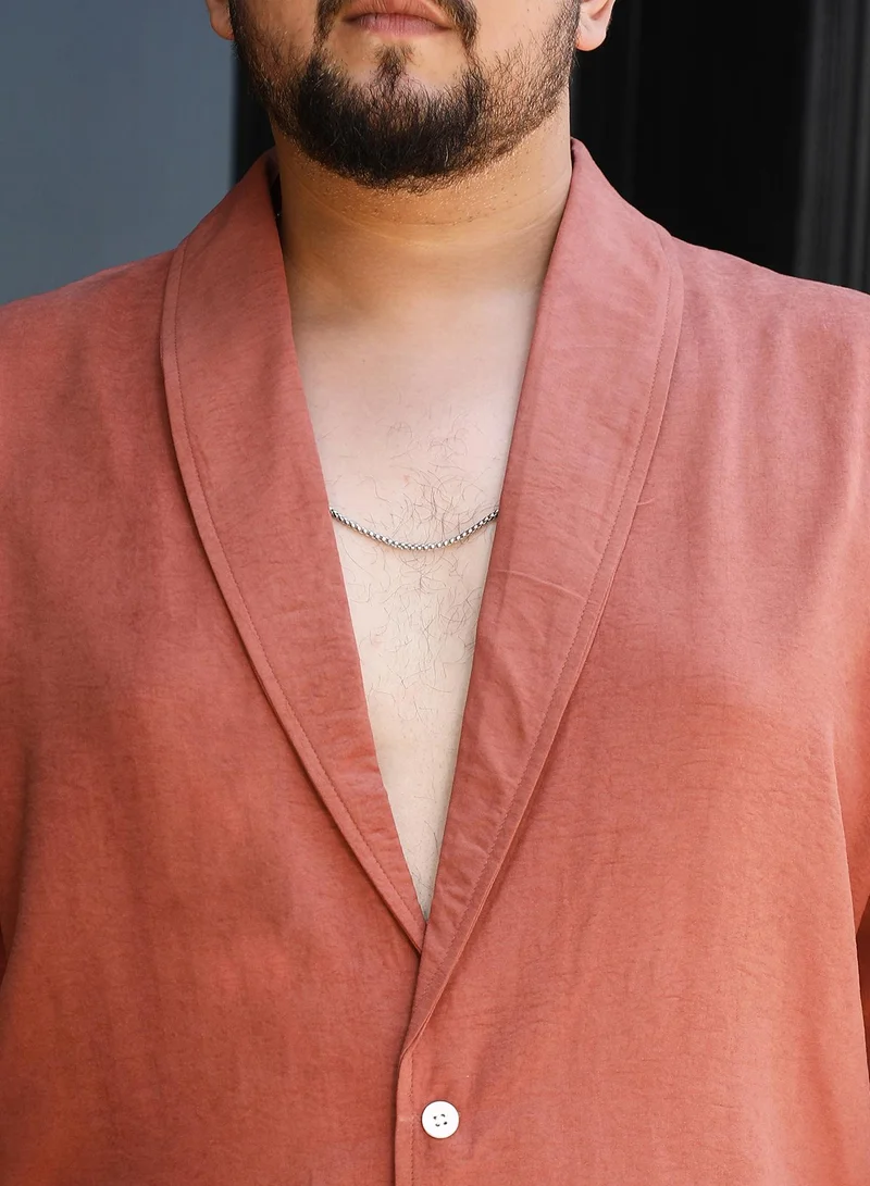 Instafab Plus Instafab Plus Men's Brick Brown Solid Shawl Collar Relaxed Shirt For Casual Wear | Shawl Collar | Long Cuffed Sleeves | Button Closure | Plus Size Shirt Crafted With Comfort Fit For Everyday Wear