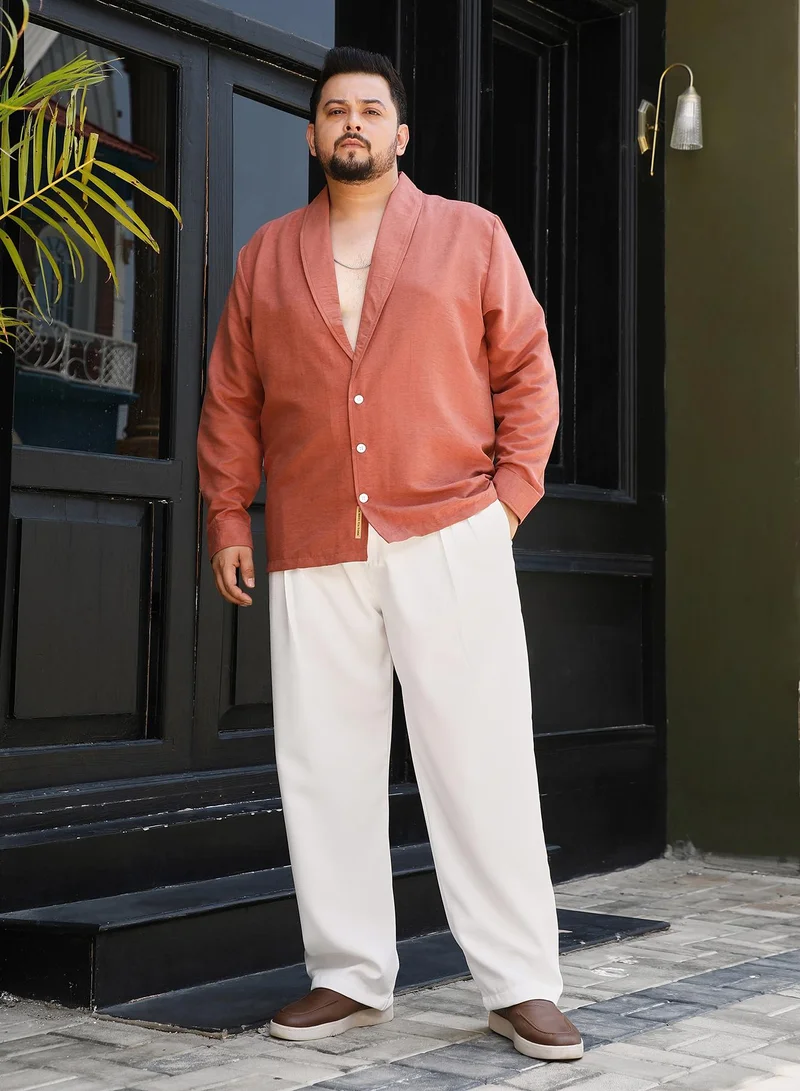 Instafab Plus Instafab Plus Men's Brick Brown Solid Shawl Collar Relaxed Shirt For Casual Wear | Shawl Collar | Long Cuffed Sleeves | Button Closure | Plus Size Shirt Crafted With Comfort Fit For Everyday Wear