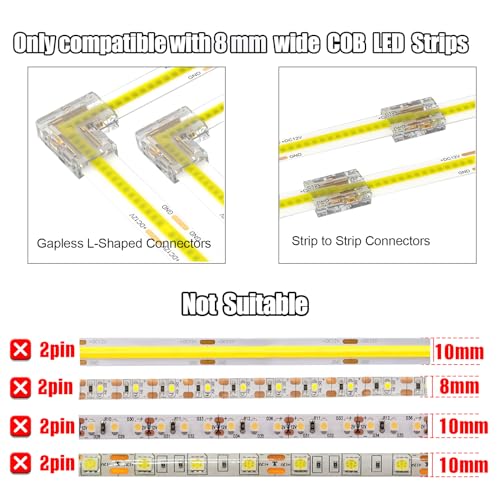 GXILEE Gapless L Shaped Cob Led Strip Light Connectors 10 Pack and 2 PCS Solderless Extension Track Lighting Connectors for 2-pin 8mm Wide 5V 12V 24V COB LED Strips - Image 5