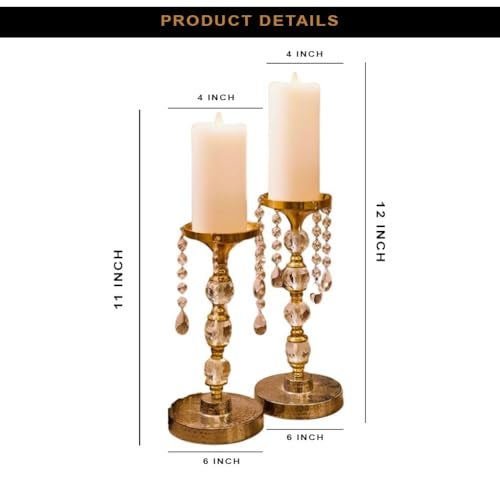 ZOVE Luxury Crystal & Gold Pillar Candle Holders – Set of 2 Decorative Candle Stands with Hanging Glass Crystal Beads for Home Decor, Living Room, and Festive Decor - Image 4