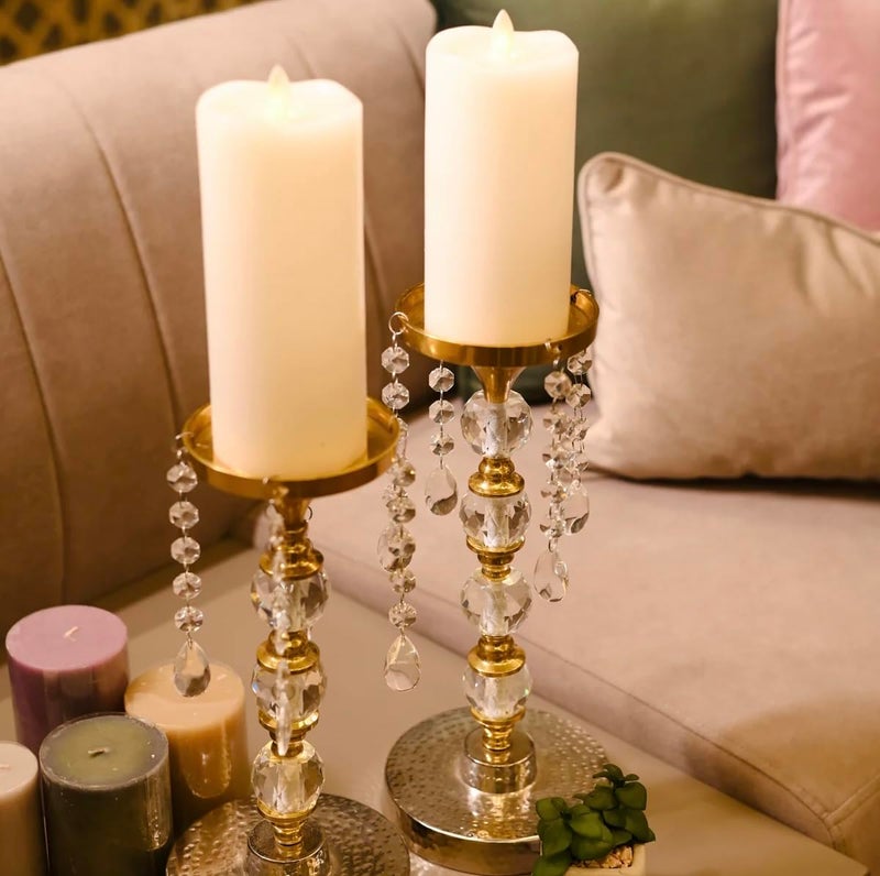 ZOVE Luxury Crystal & Gold Pillar Candle Holders – Set of 2 Decorative Candle Stands with Hanging Glass Crystal Beads for Home Decor, Living Room, and Festive Decor - Image 2