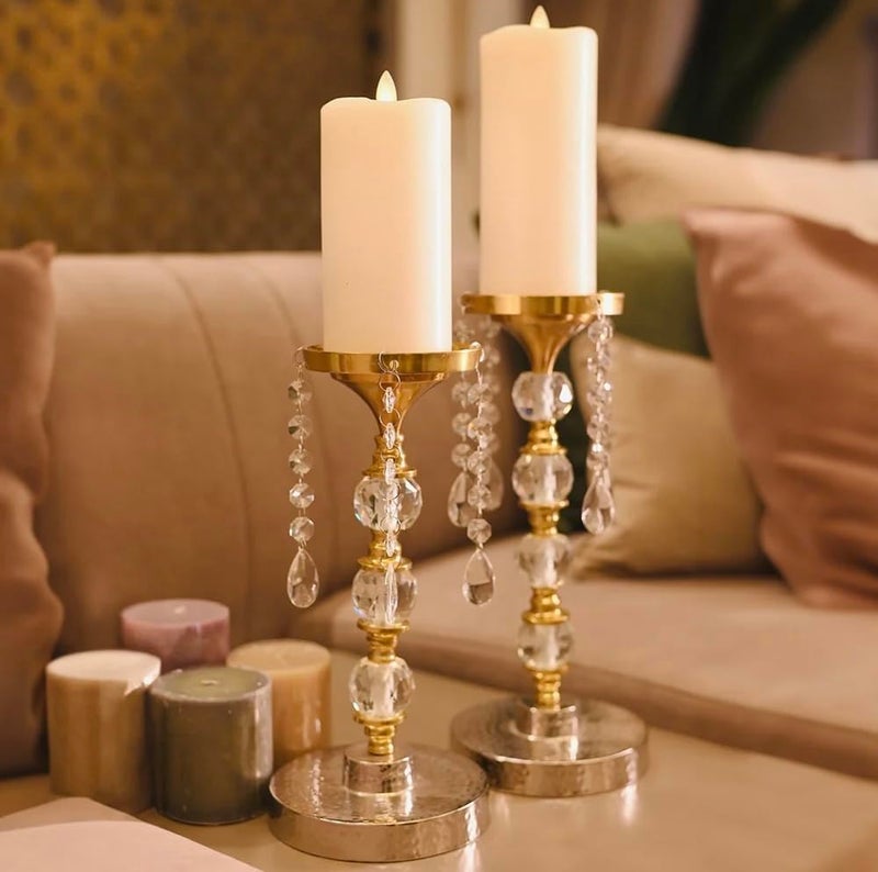 ZOVE Luxury Crystal & Gold Pillar Candle Holders – Set of 2 Decorative Candle Stands with Hanging Glass Crystal Beads for Home Decor, Living Room, and Festive Decor - Image 5