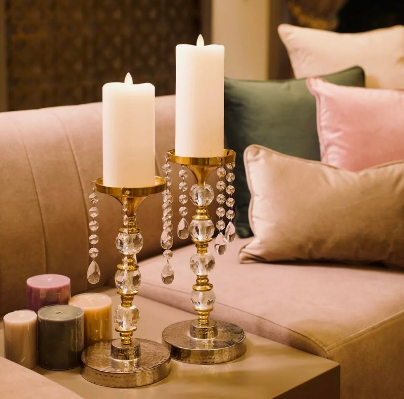 ZOVE Luxury Crystal & Gold Pillar Candle Holders – Set of 2 Decorative Candle Stands with Hanging Glass Crystal Beads for Home Decor, Living Room, and Festive Decor - Image 1