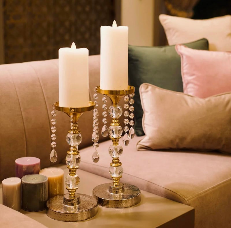 ZOVE Luxury Crystal & Gold Pillar Candle Holders – Set of 2 Decorative Candle Stands with Hanging Glass Crystal Beads for Home Decor, Living Room, and Festive Decor - Image 3