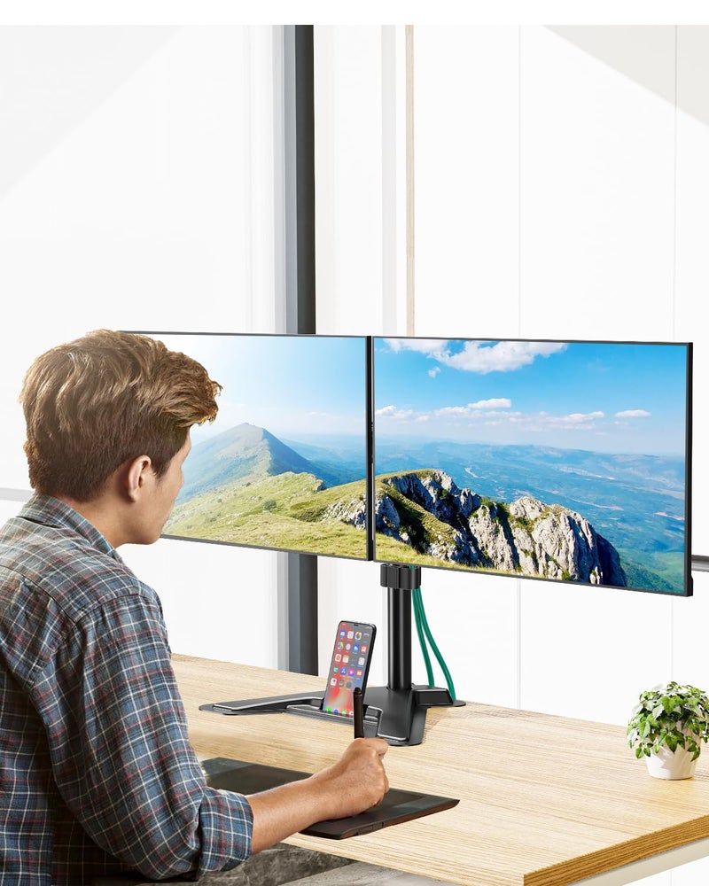 MOUNT PRO Dual Monitor Stand, Free-Standing Full Motion Monitor Desk Mount Fits 2 Screens up to 27 inches,17.6lbs with Height Adjustable, Swivel, Tilt, Rotation, VESA 75x75 100x100, Black - Image 3