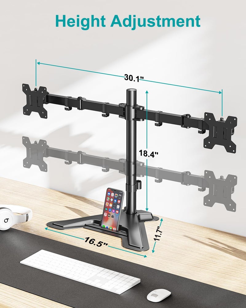 MOUNT PRO Dual Monitor Stand, Free-Standing Full Motion Monitor Desk Mount Fits 2 Screens up to 27 inches,17.6lbs with Height Adjustable, Swivel, Tilt, Rotation, VESA 75x75 100x100, Black - Image 2