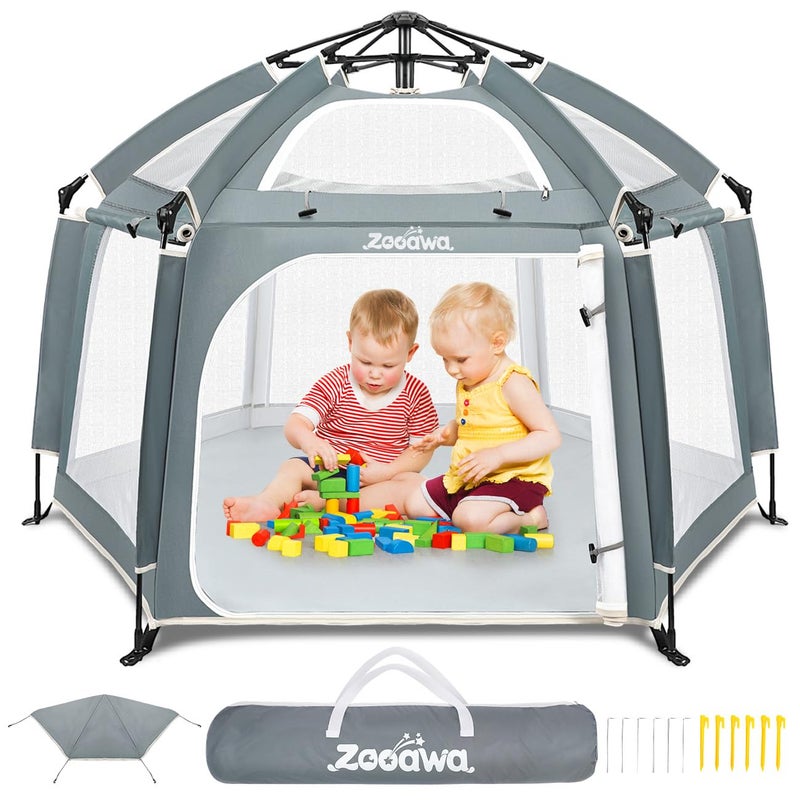 Zooawa Pop Up Playpen for Baby Portable Playpen for Babies and Toddlers with Removable SunShades 2 Side UV Covers Lightweight Outdoor Baby Playpen for Beach Home with Travel BagLight Gray - Image 1