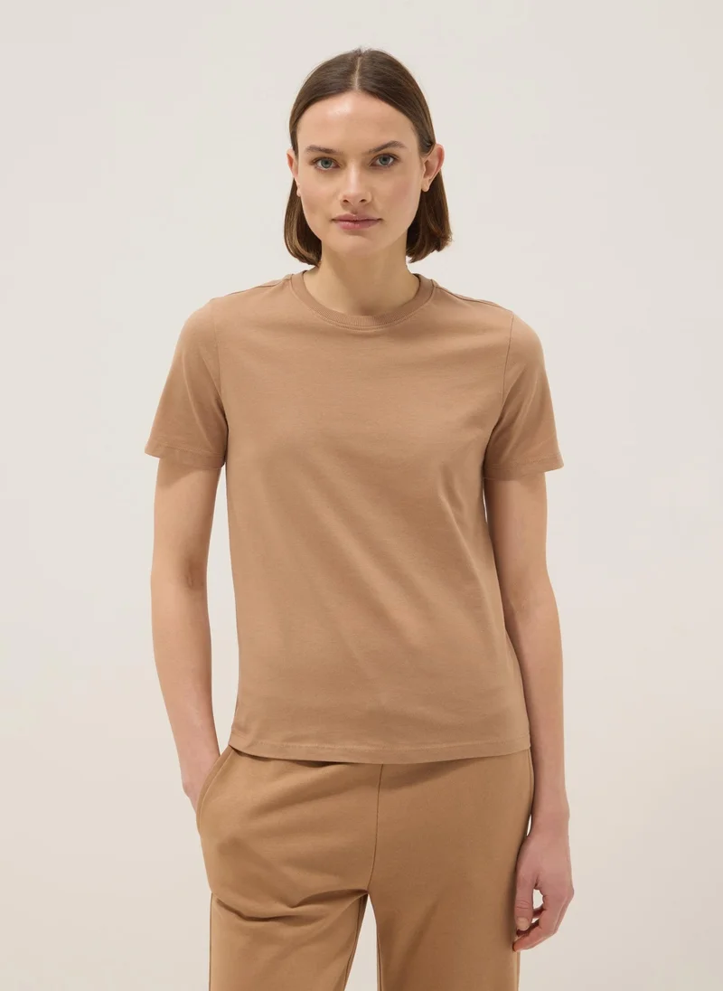 او في اس OVS Brown Pure Cotton Crew Neck T-Shirt Regular Fit