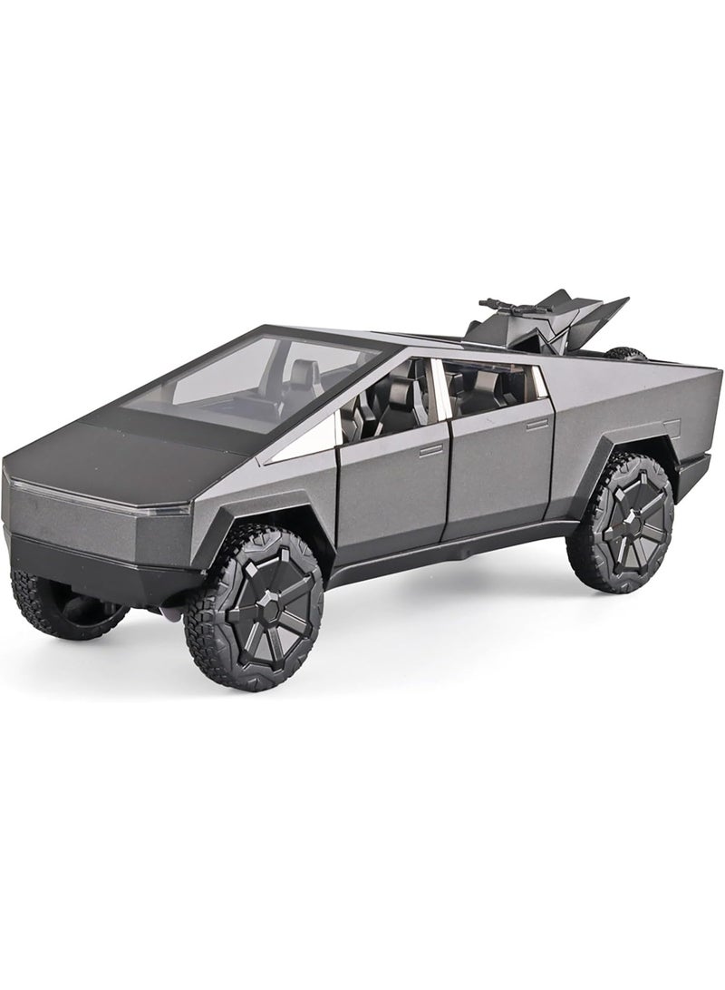 سمارتكس لعبة سايبرترك دييكاست معدنية بمقياس 1:24 مع دراجة نارية RV - نموذج بيك آب رمادي داكن مع أضواء وصوت وآليات سحب للخلف وأبواب قابلة للفتح وباب خلفي، تتضمن مركبة رباعية الدفع - هدية مثالية للأطفال وهواة الجمع - Image 1