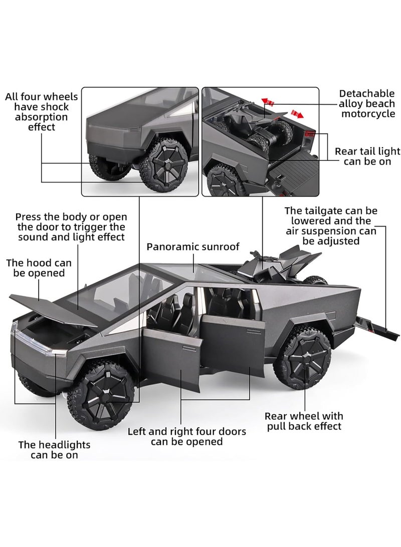 سمارتكس لعبة سايبرترك دييكاست معدنية بمقياس 1:24 مع دراجة نارية RV - نموذج بيك آب رمادي داكن مع أضواء وصوت وآليات سحب للخلف وأبواب قابلة للفتح وباب خلفي، تتضمن مركبة رباعية الدفع - هدية مثالية للأطفال وهواة الجمع - Image 3