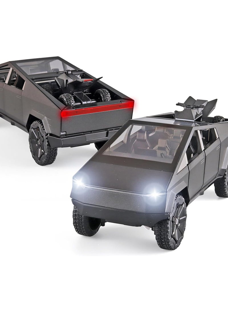 سمارتكس لعبة سايبرترك دييكاست معدنية بمقياس 1:24 مع دراجة نارية RV - نموذج بيك آب رمادي داكن مع أضواء وصوت وآليات سحب للخلف وأبواب قابلة للفتح وباب خلفي، تتضمن مركبة رباعية الدفع - هدية مثالية للأطفال وهواة الجمع - Image 4