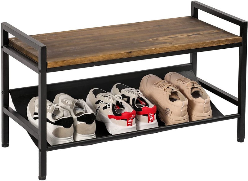 INDIAN DECOR INDIAN DECOR 45479 Shoe Storage Bench with Fabric Shelf Rack for Entryway Hall Mudroom Closet Compact 2Tier Organizer Unit for Wedges Flats Sneakers Wood Top Sturdy Metal Frame Black - Image 1
