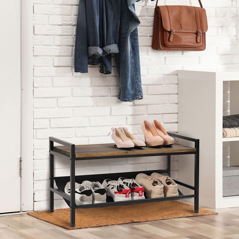 INDIAN DECOR INDIAN DECOR 45479 Shoe Storage Bench with Fabric Shelf Rack for Entryway Hall Mudroom Closet Compact 2Tier Organizer Unit for Wedges Flats Sneakers Wood Top Sturdy Metal Frame Black - Image 2