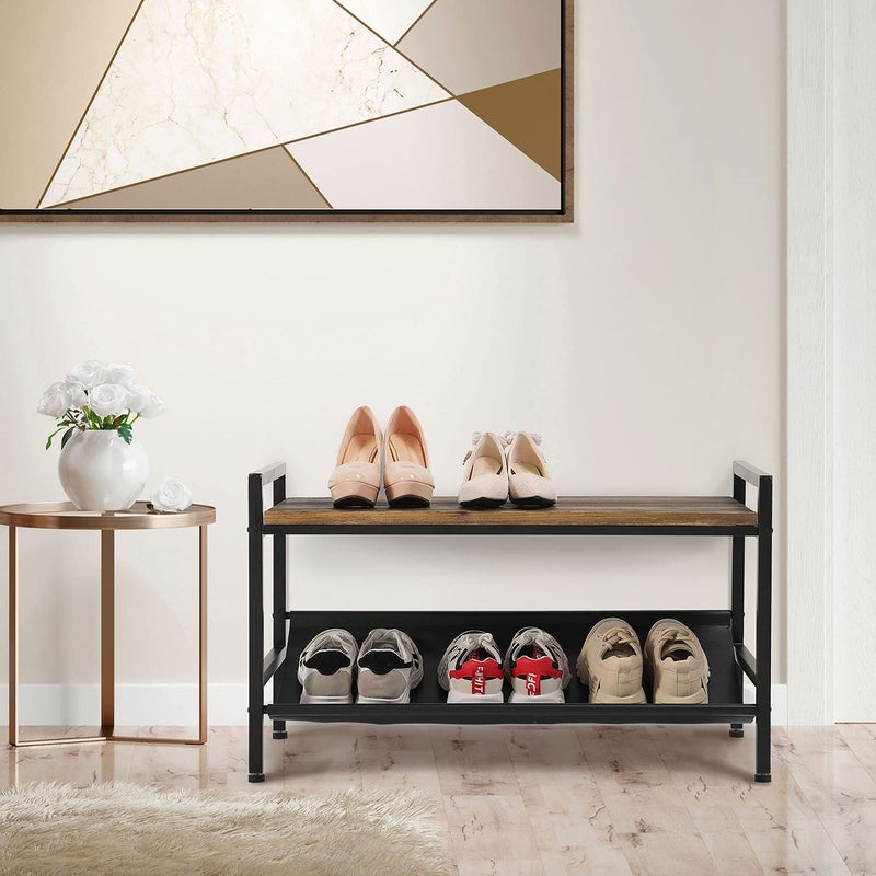 INDIAN DECOR INDIAN DECOR 45479 Shoe Storage Bench with Fabric Shelf Rack for Entryway Hall Mudroom Closet Compact 2Tier Organizer Unit for Wedges Flats Sneakers Wood Top Sturdy Metal Frame Black - Image 3